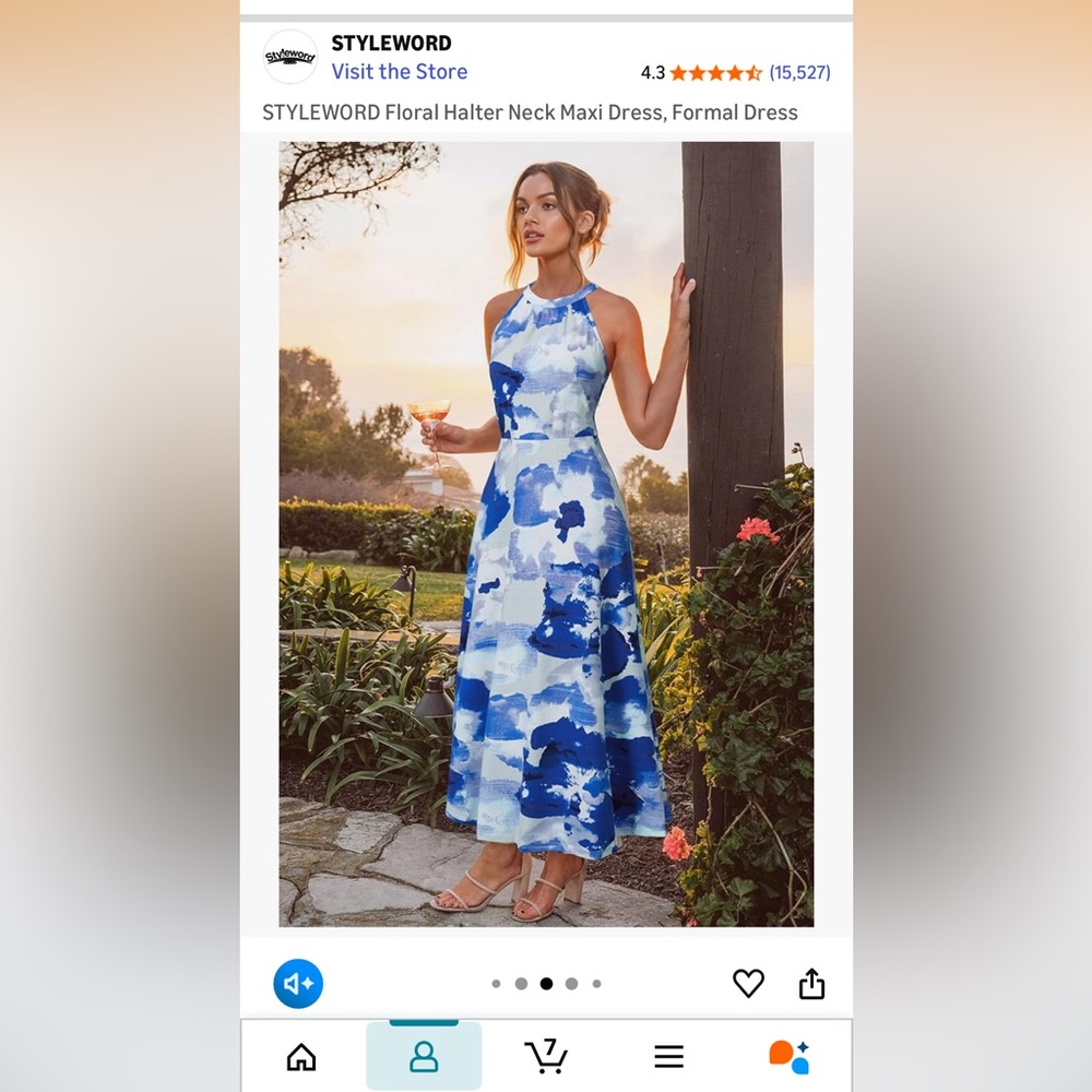 Blue and White Floral Halter Neck Maxi Dress